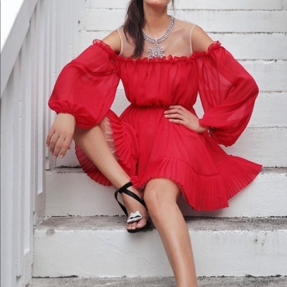 ❤️Final Sale Giambatista Valli x H&M red off shoulder dress with crystals - Picture 3 of 6